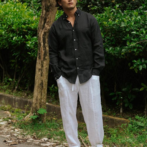 mens black dress shirt outfit & Red Check and our featured performance fabric  with a crisp Black Linen Shirt for Men