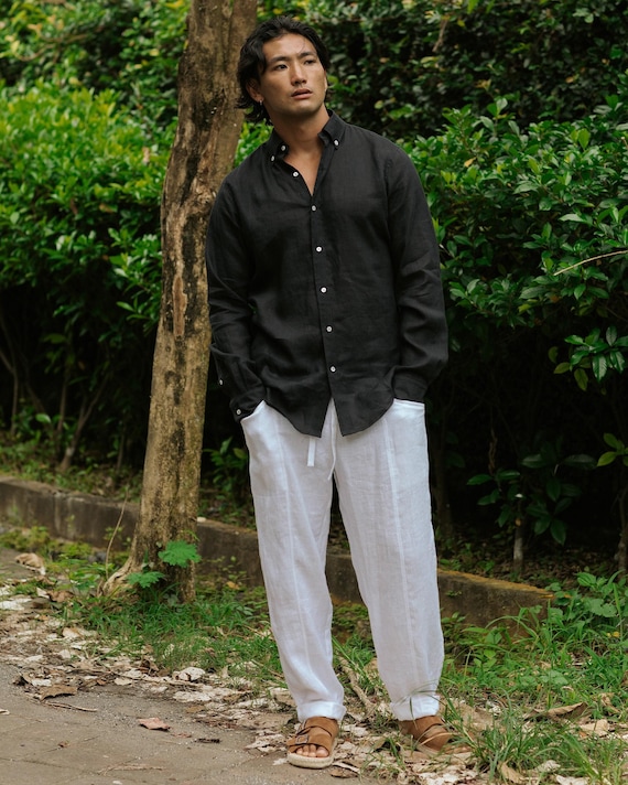 Black Linen Shirt for Men – Lightweight Long Sleeve Shirt – Casual Button Down – Work or Vacation Outfit – Ethical Menswear WENGEN