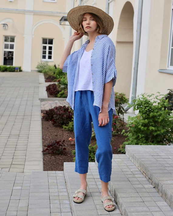 Women s Pants DOMME in Cobalt Blue Tapered Pants Cropped Length Pants Linen Trousers Womens Clothing Adjustable Waist Pants Etsy