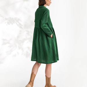 Linen shirt dress NESSO / Green loose fit linen top / Long sleeve shirt image 3