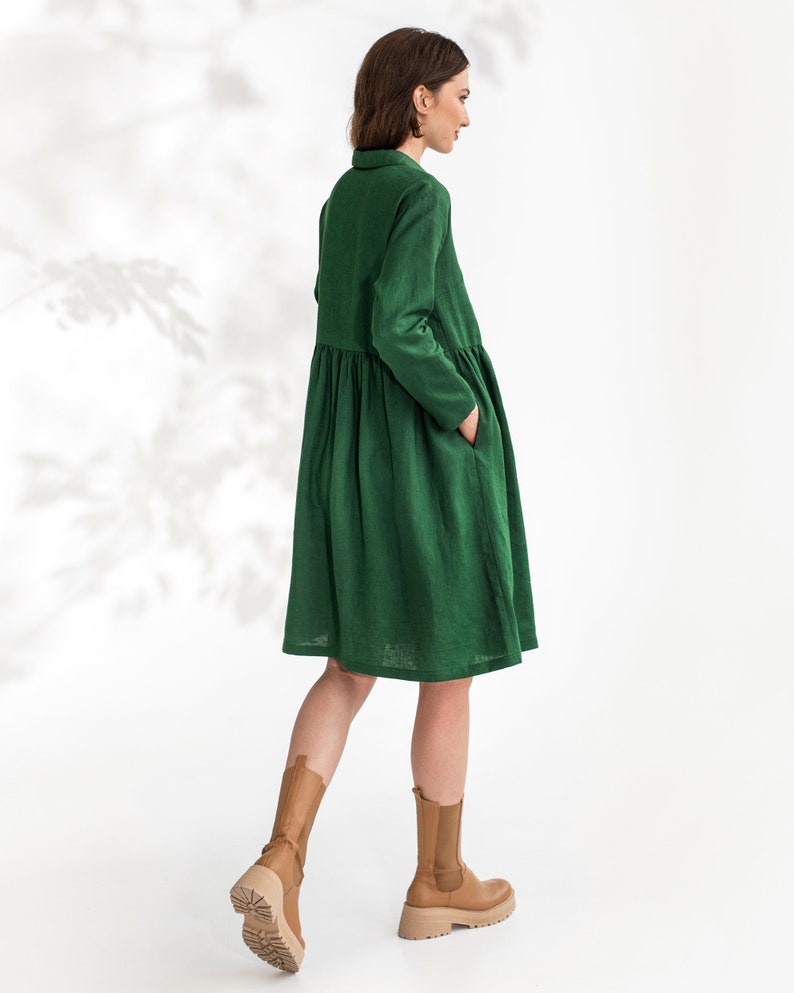 Linen shirt dress NESSO / Green loose fit linen top / Long sleeve shirt image 3