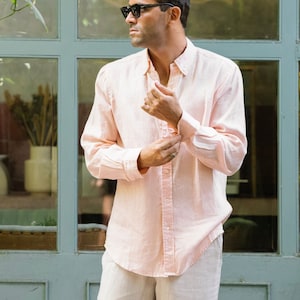 Men's linen shirt WENGEN in Light pink. Long sleeve linen shirt for men. Button down shirt. 3XL Available image 2