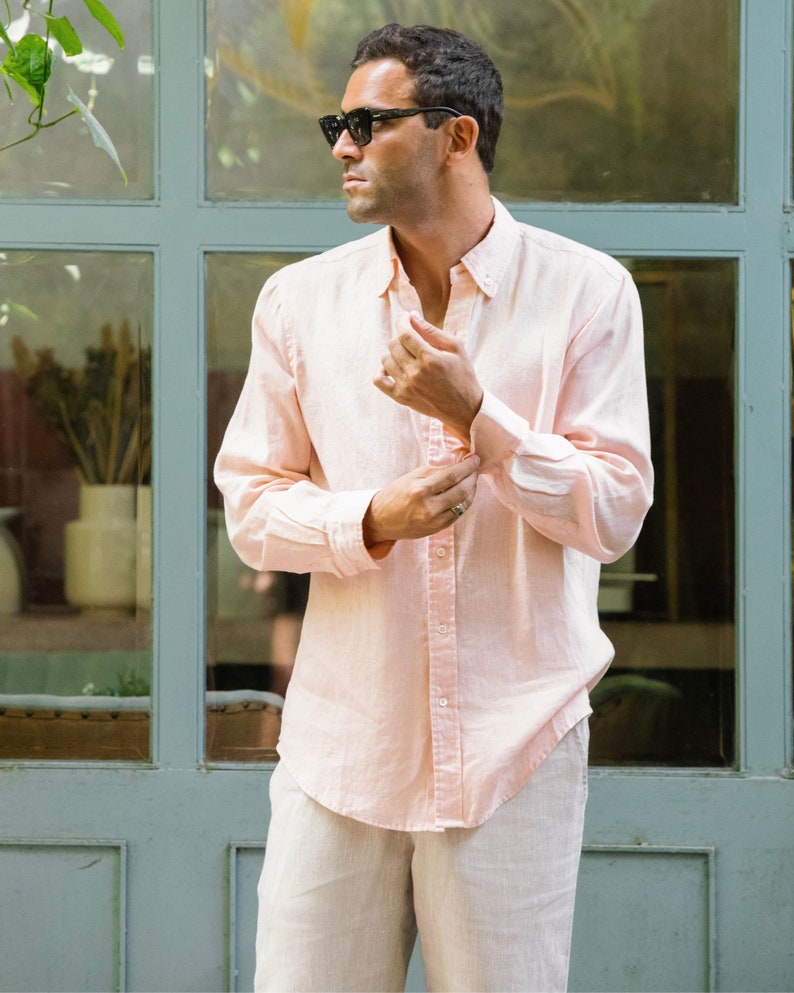 Men's linen shirt WENGEN in Light pink. Long sleeve linen shirt for men. Button down shirt. 3XL Available image 2