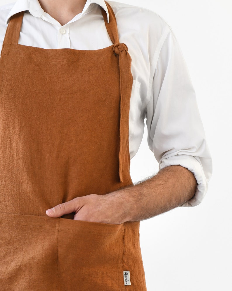 Linen apron for men. Cooking apron in brown, gray, blue colors. Apron with pockets. BBQ apron Cinnamon brown