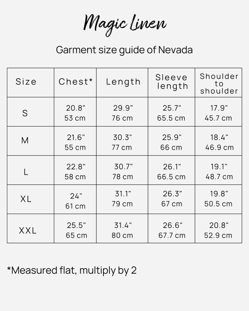 Pu&ograve; includere: Tabella delle taglie per l'abbigliamento Nevada, che mostra le misure di petto, lunghezza, manica e spalla a spalla in pollici e centimetri per le taglie S, M, L, XL e XXL.