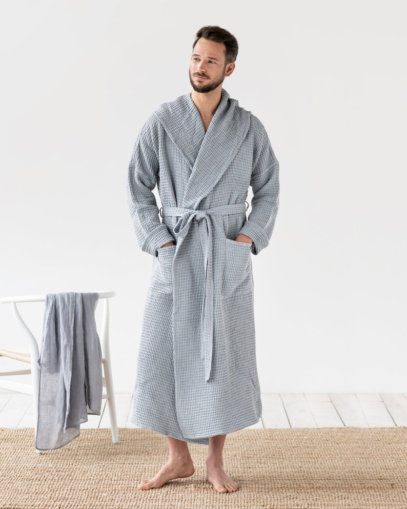 Men's linen waffle robe / Unisex linen robe / Waffle bath robe for men / Loungwear for men Light gray