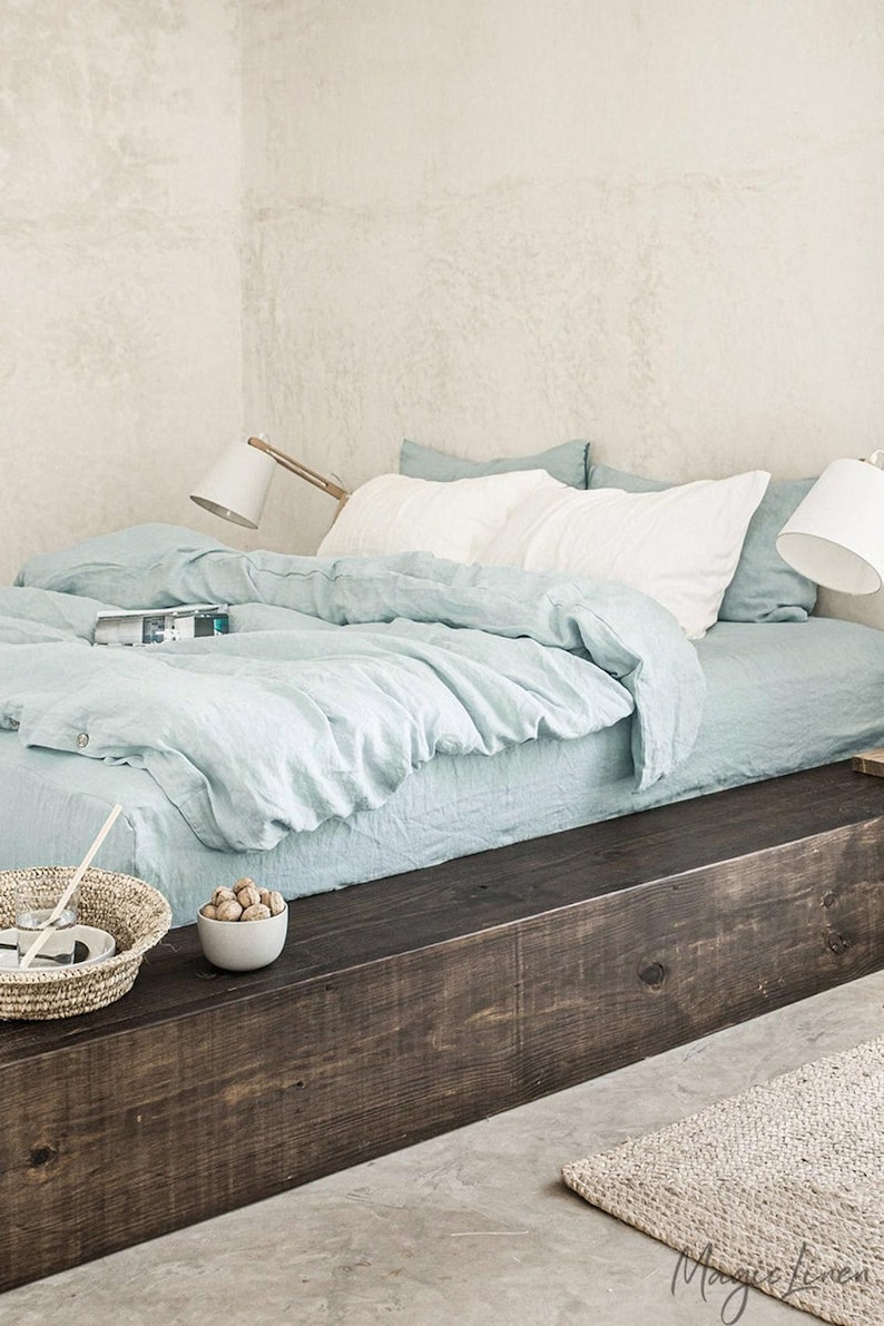 Juego de sábanas de lino azul polvoriento – Ropa de cama Coastal Stonewashed – Sábana encimera transpirable, sábana ajustable, fundas de almohada – Lino puro con certificación OEKO-TEX imagen 4