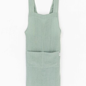Pinafore linen apron. Japanese cross back apron. No ties linen aprons for women. Linen apron. Sage green