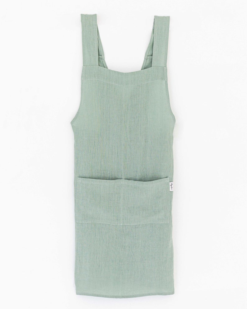 Pinafore linen apron. Japanese cross back apron. No ties linen aprons for women. Linen apron. Sage green