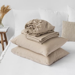 Natural Linen Sheet Set – Stonewashed Oatmeal Beige Bedding – Breathable Flat Sheet, Fitted Sheet and Pillowcases – OEKO-TEX Certified Linen