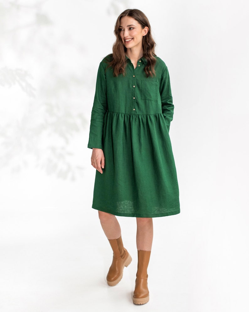 Linen Shirt Dress NESSO / Green Loose Fit Linen Top / Long Etsy