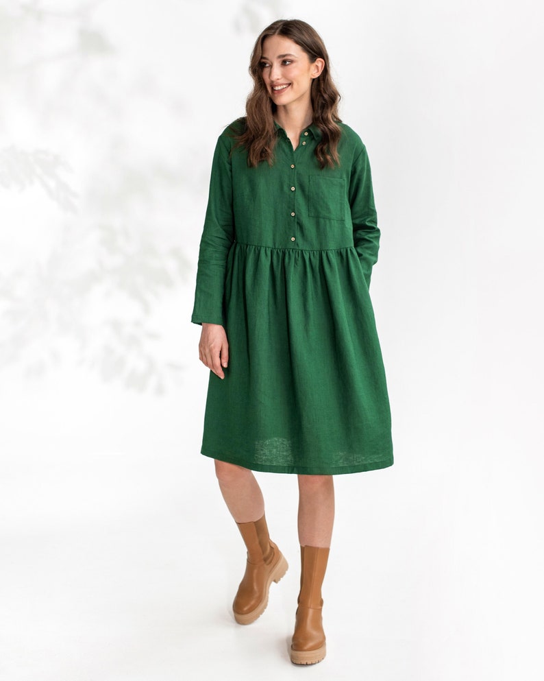 Linen shirt dress NESSO / Green loose fit linen top / Long sleeve shirt image 2