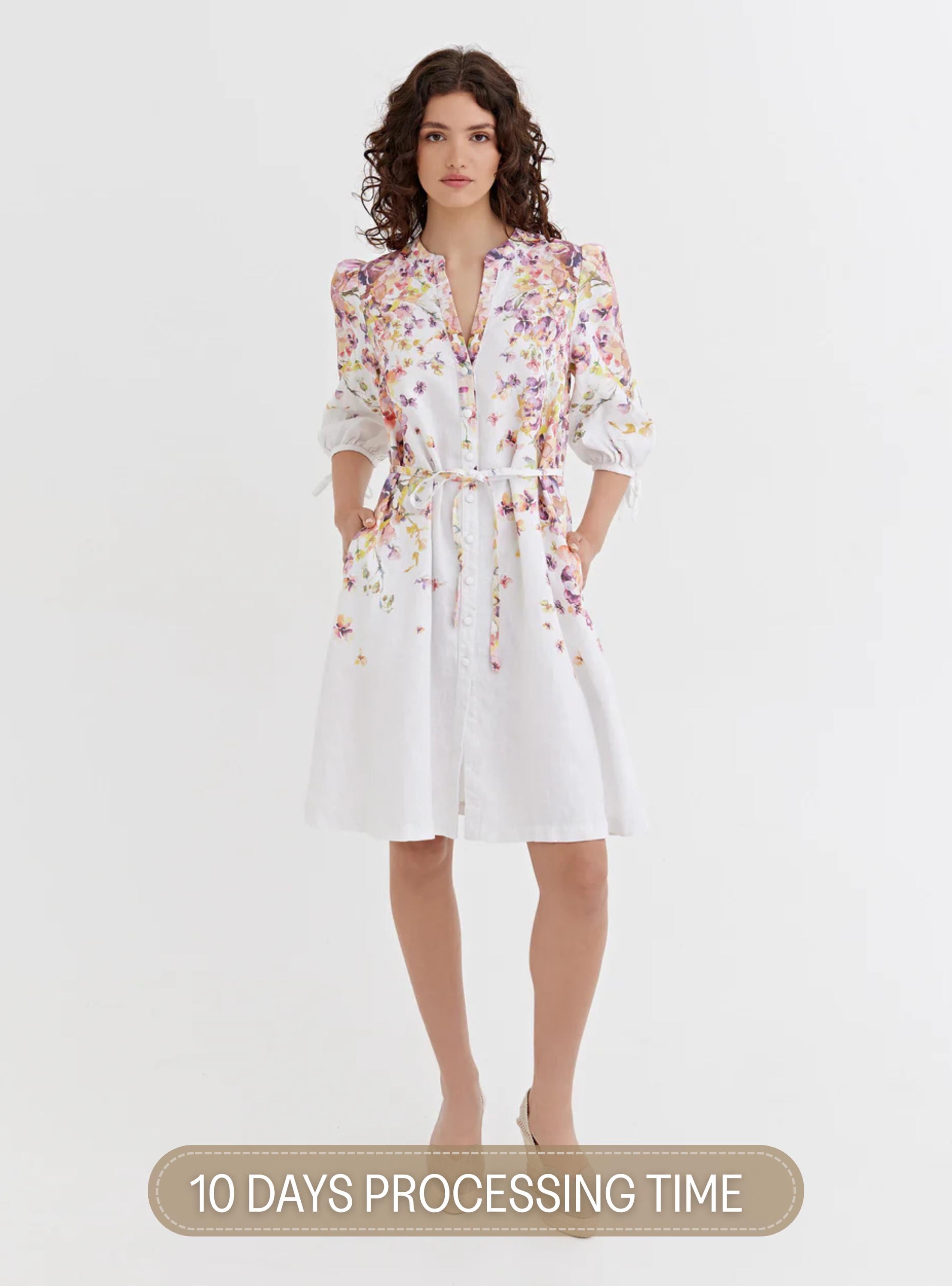 Blushing Violet Linen Summer Dress – Flowy Puff Sleeve Midi with Adjustable Waist – Romantic Hand Painted Floral Vacation Outfit VILNIUS