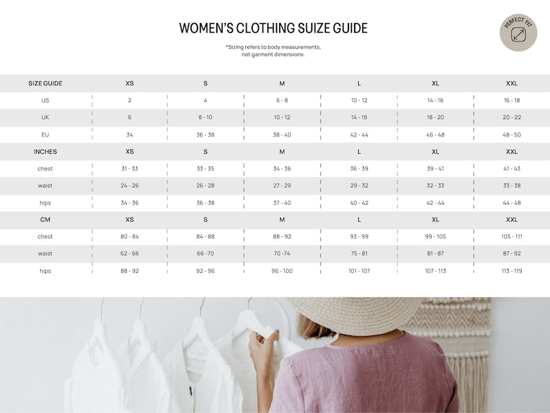 Pode incluir: Uma tabela de tamanhos para roupas femininas com medidas em polegadas e cent&iacute;metros. A tabela inclui os tamanhos XS, S, M, L, XL e XXL. A tabela mostra as medidas de peito, cintura e quadris.