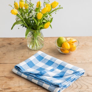 Linen tablecloth in Cobalt blue gingham. Farmhouse tablecloth. Large tablecloth. Handmade stonewashed, housewarming gift image 2
