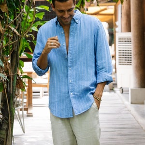 Men's long sleeve linen shirt SINTRA. Blue striped shirt for men. Button down shirt. Mens linen clothing. Summer shirt image 2