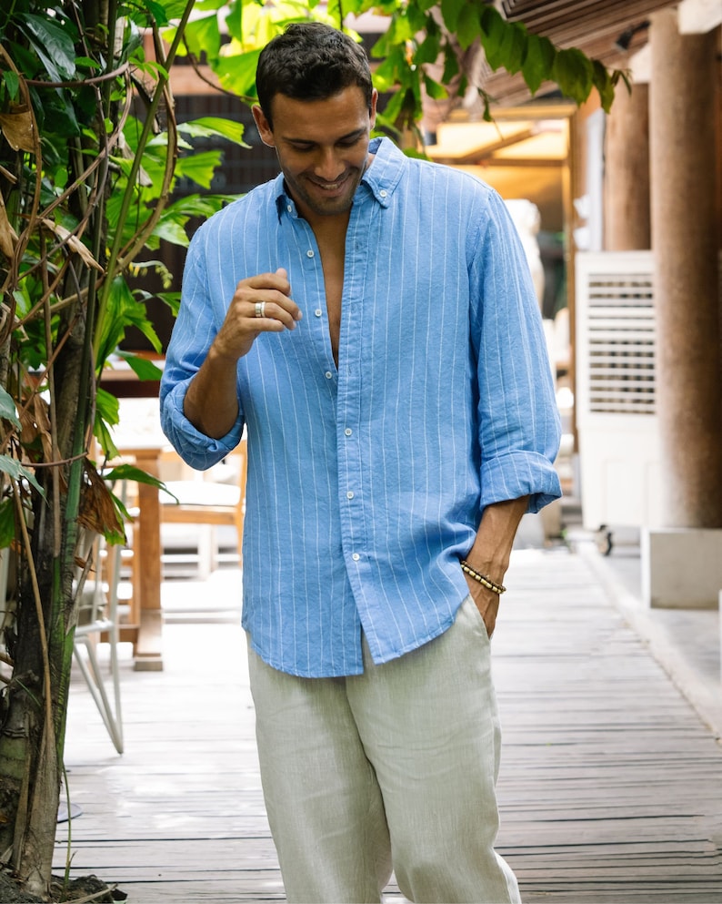 Men's long sleeve linen shirt SINTRA. Blue striped shirt for men. Button down shirt. Mens linen clothing. Summer shirt image 2