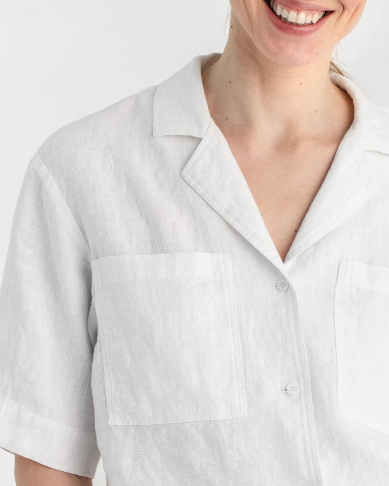 White Linen Camp Shirt for Women – Button Up Linen Blouse with Pockets – Relaxed Fit Stonewashed Overshirt – Lightweight Top ORVIETO image 7