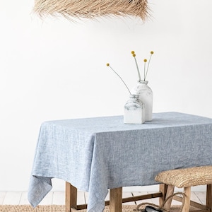 Blue Melange Linen Tablecloth – Soft Washed European Flax – Custom Sizes – Round, Square, Rectangular – Minimalist Rustic Home, Dining Decor