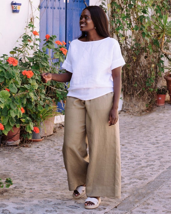 Wide Leg Linen Pants ALCUDIA in Dried Moss Linen Palazzo Pants Loose Linen  Pants Plus Size 