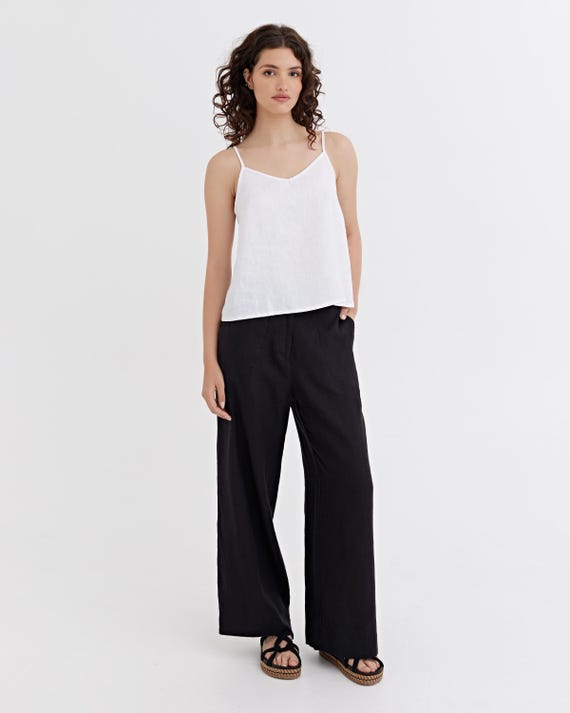 Black Linen Palazzo Pants – Wide Leg Linen Pants for Women – Elastic Waist Regular Fit – Relaxed Lightweight Vacation Wear BANFF