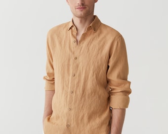 Caramel Men’s Linen Shirt – Long Sleeve Lightweight Button Down Shirt – Breathable Casual Top for Travel Outfit – Gift for Him NEVADA
