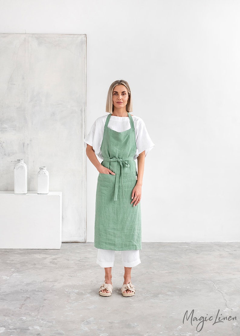 Linen apron. Washed linen apron for cooking gardening. Full Matcha green