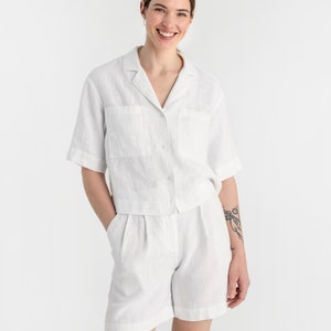 White Linen Camp Shirt for Women – Button Up Linen Blouse with Pockets – Relaxed Fit Stonewashed Overshirt – Lightweight Top ORVIETO image 5