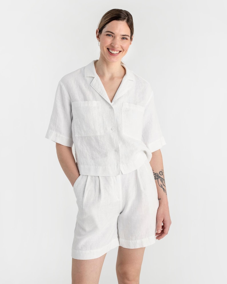 White Linen Camp Shirt for Women – Button Up Linen Blouse with Pockets – Relaxed Fit Stonewashed Overshirt – Lightweight Top ORVIETO image 5