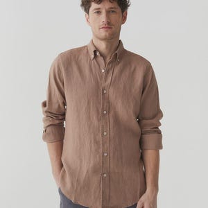 Sage Green Linen Shirt for Men – Long Sleeve Lightweight Button Down Shirt – Relaxed Fit Shirt – Natural Style SINTRA Pastel brown