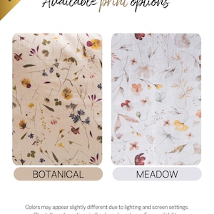 The image is an advertisement for print options, featuring two floral patterns - one with a botanical design and the other with a meadow design. The text indicates that the colors may appear slightly different due to lighting and screen settings, and that the color options are available in the drop-down to confirm availability.