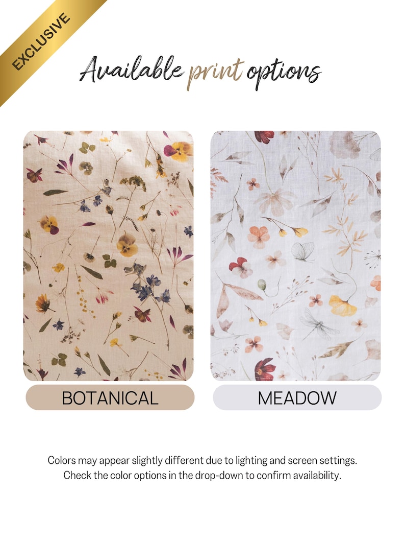 The image is an advertisement for print options, featuring two floral patterns - one with a botanical design and the other with a meadow design. The text indicates that the colors may appear slightly different due to lighting and screen settings, and that the color options are available in the drop-down to confirm availability.