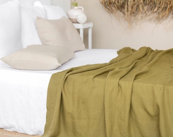 Olive Green Linen Flat Sheet – Stonewashed Flax Top Sheet – Earthy Soft Bedding Layer – Breathable Natural Linen – Queen King Sizes