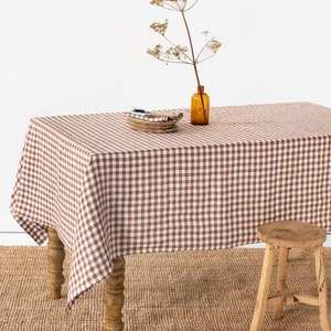 Linen tablecloth in Cinnamon gingham. Rustic tablecloth. Large tablecloth. Handmade stonewashed. Custom sizes available