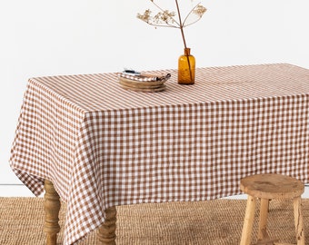 Linen tablecloth in Cinnamon gingham. Rustic tablecloth. Large tablecloth. Handmade stonewashed. Custom sizes available