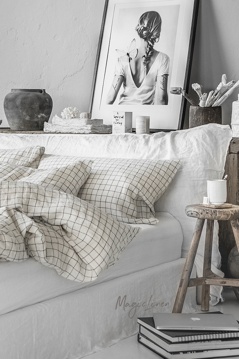 Linen pillowcase in Charcoal Grid Windowpane. Linen pillow image 4