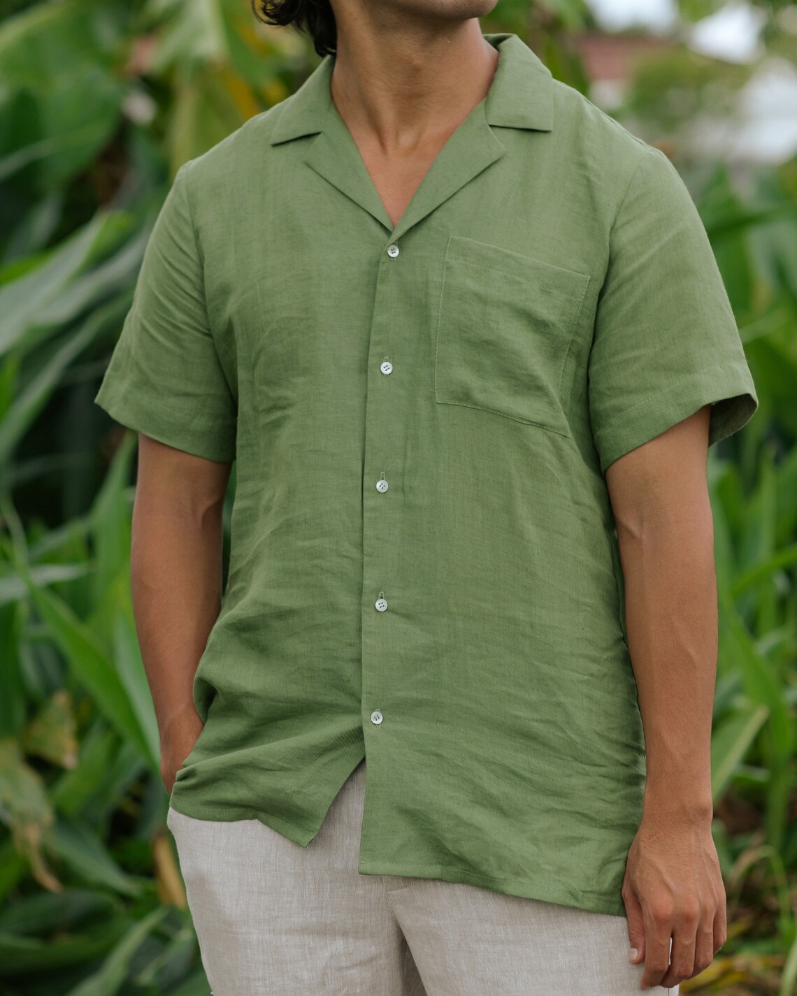 Short Sleeve Men's Linen Shirt HAWI in Forest Green Etsy