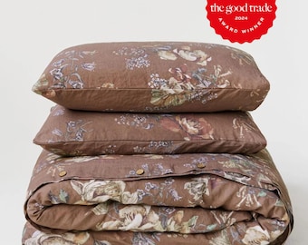 Floral Linen Duvet Cover Set — 3 Piece 100% European Flax Bedding — Duvet Cover and 2 Pillowcases — Coconut Button Closure