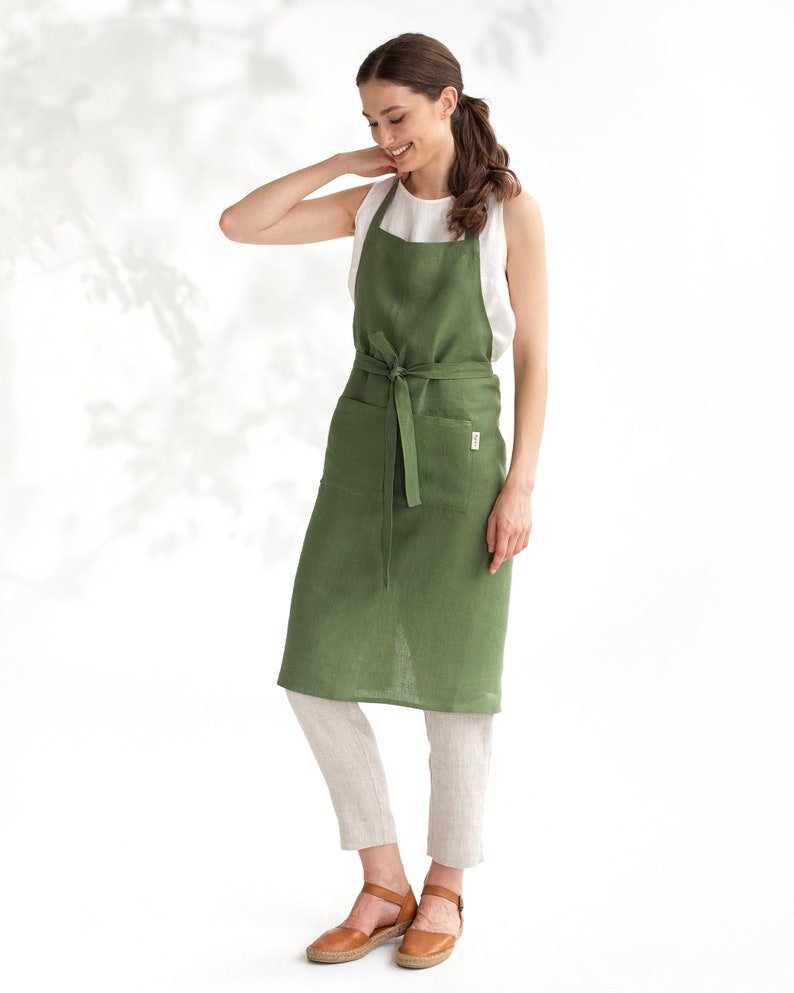 Linen apron. Washed linen apron for cooking, gardening. Full apron for women and men. Forest green