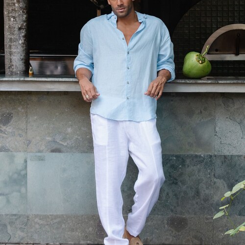 Men's linen shirt NEVADA in Sky blue | MagicLinen L