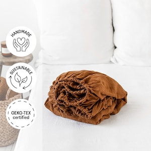 Linen Fitted Sheet – Cinnamon Soft Linen Bedding – Queen King Deep Pocket Bed Sheet – Stonewashed Thermoregulating OEKO European Linen