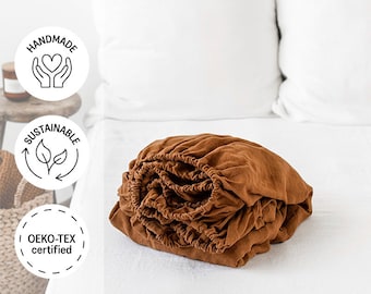 Linen fitted bed sheet in Cinnamon. Stone washed linen bedding. King, Queen sheet.