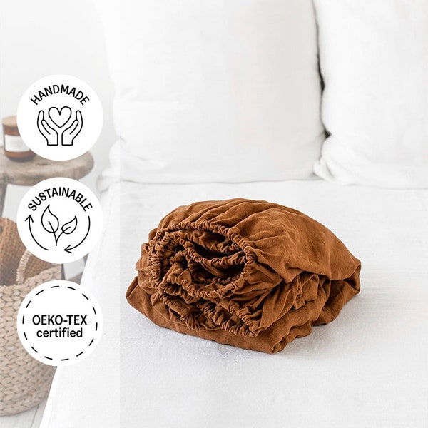 Linen fitted bed sheet in Cinnamon. Stone washed linen bedding. King, Queen sheet.