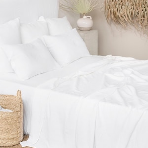 White Linen Flat Sheet – Classic Soft Stonewashed Bedding – Natural Flax Top Layer – Breathable All-Season Sheet – Queen King Sizes