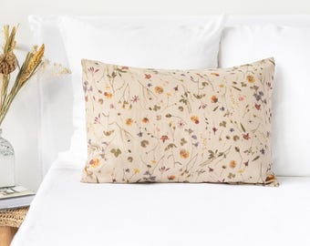 Botanical Print Linen Pillowcase – Soft Floral Flax Sham – Earth Tone Decorative Cushion Cover – Custom Size Stonewashed Linen Bedding