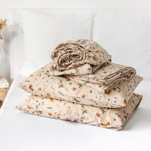 Linnen lakenset met botanische print – Boho-gebloemde lakens – Europees linnen beddengoed met laken, hoeslaken, kussenslopen – cadeau-idee