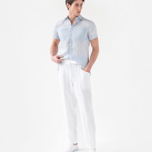 Men's linen pants TRUCKEE in Dried moss Elastic waist linen trousers Boho pants White