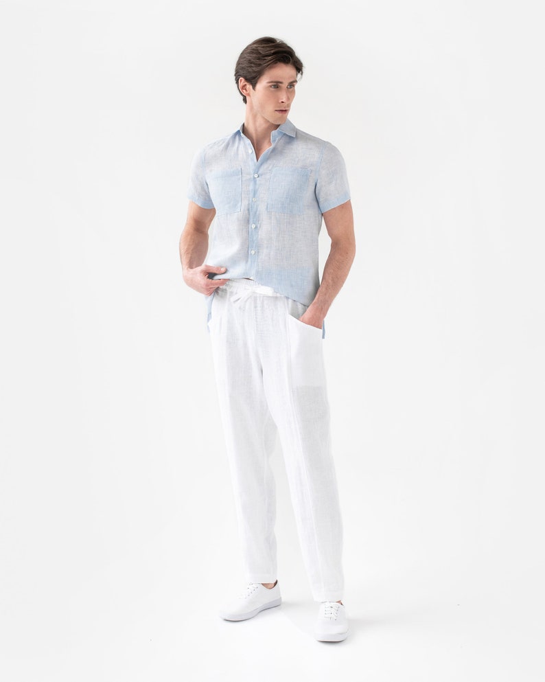 Men's linen pants TRUCKEE in Dried moss Elastic waist linen trousers Boho pants White