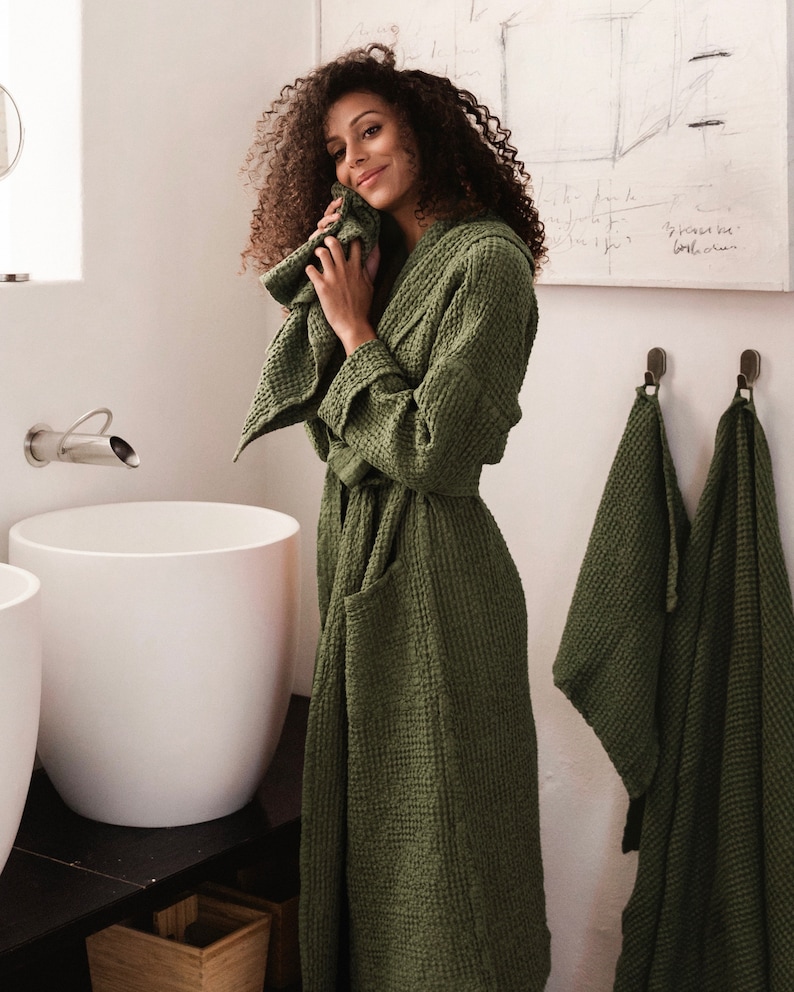 Window Washer Robe S Waffle Linen Robe — Hooded Bathrobe for Women — Linen Cotton Spa Robe ...