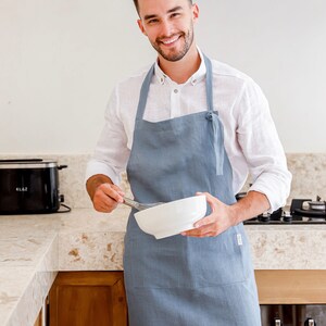 Linen apron for men. Cooking apron in brown, gray, blue colors. Apron with pockets. BBQ apron Gray blue